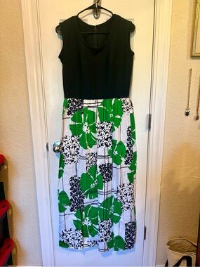 Vintage Black Top with Green & White Floral Maxi Skirt